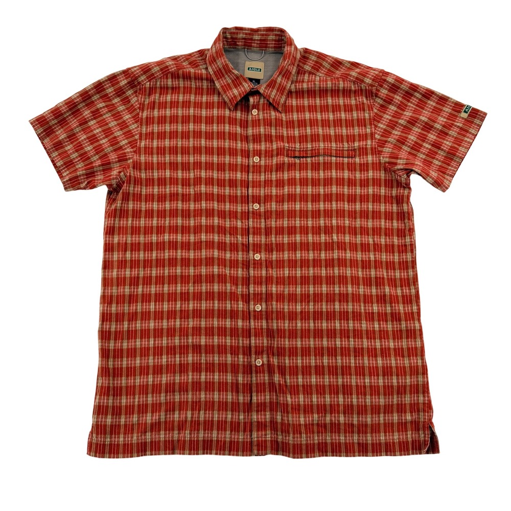 Aigle Mens XL Red Plaid Short Sleeve Button Down Shirt Zipper Pocket Mesh Back